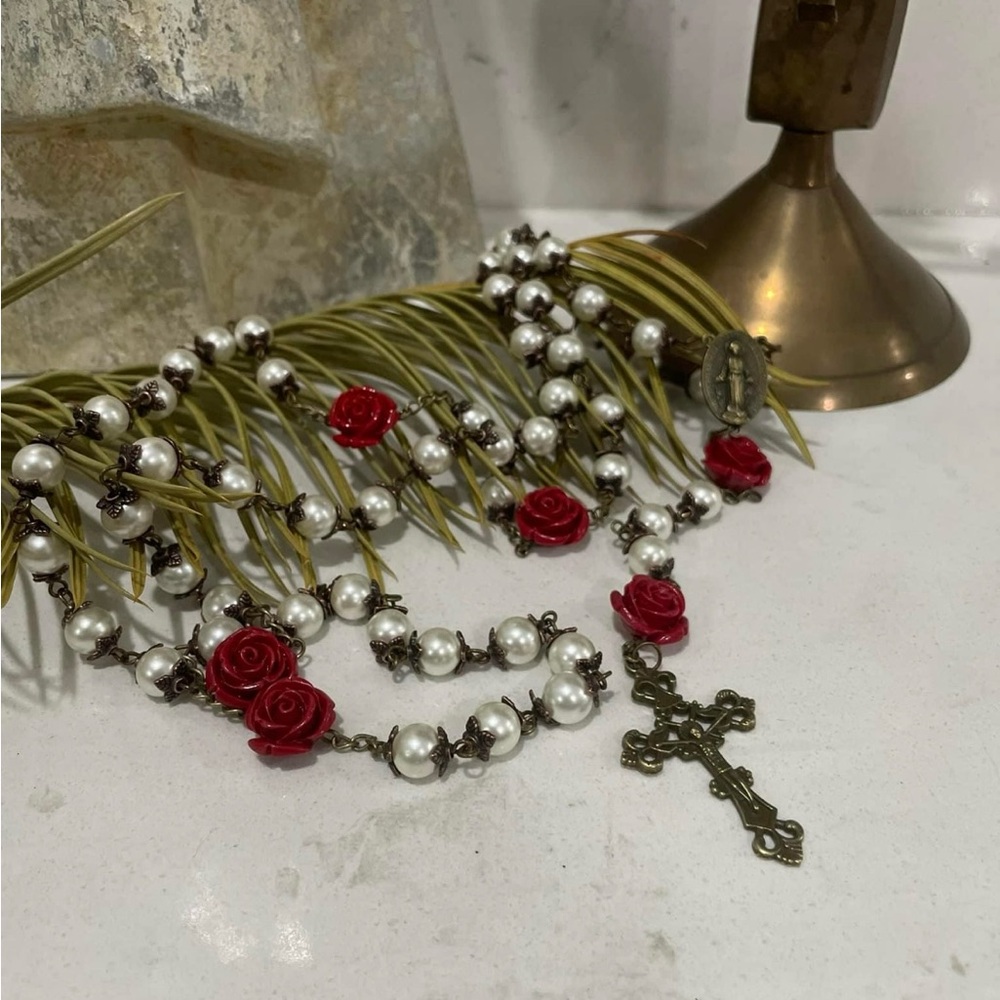 Pearl Red Rose Handmade Rosary - Antique Gold/Bronze